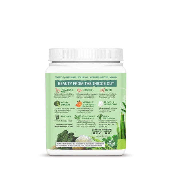 Beauty Greens Smoothie | Sunwarrior Beauty Greens Collagen für Haut, Haare, Nägel Trink Dich schön mit Beauty Greens Smoothie Der Beauty Greens Kollagen Booster ist eine belebende Mischung für Haut, Haare, Nägel. Alkalisierendes Blattgemüse, feuchtigkeitsspendendes Kokoswasser und unzählige wertvolle Inhaltsstoffe wie Hyaluronsäure und Tremella-Pilze sorgen für ein frisches Erscheinungsbild und ein neues Körpergefühl.