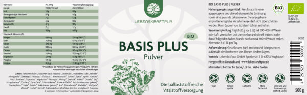 Bio Basis Plus | Vitalstoffreich 100 % Bio-Premiumqualität Bio Basis Plus ist eine leistungsstarke Mischung aller essenzieller Nähr- und Vitalstoffe in Rohkostqualität. Sie umfasst das Beste aus über 40 aufeinander abgestimmter Zutaten. Das Pulver ist reich an Antioxidantien, Vitaminen, Mineralstoffen, Spurenelementen, Ballaststoffen, Enzymen und probiotischen Milchsäurekulturen.