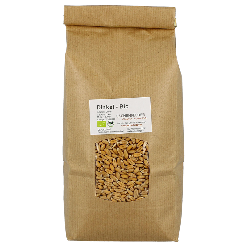 Bio Dinkel 1kg | 1kg Bio-Dinkel, Bioland,  Bio Getreide, beste Qualität!, Eschenfelder Dinkel ist eine alte Kulturform des Weizens. Er hat einen hohen Klebereiweißgehalt, weswegen er in der Feinbäckerei, aber auch für das Brotbacken besonders geeignet ist und geschätzt wird. Sie finden hier nur reine, nicht mit Weizen gekreuzte Dinkelsorten, wie, Oberkulmer Rotkorn, Frankenkorn, Schwabenkorn, Holstenkorn, Bauländer Spelz und Altgold.