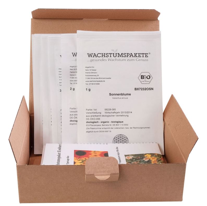 Essbare Blüten Saatgut Box S Bio | Essbare Blüten Saatgut Box S Bio mit Beschreibung und Anbauempfehlungen Im Paket "Essbare Blüten" gibt es sechs verschiedene Saatensorten für die Anzucht von essbaren Blüten - von der Sonnenblume über Borretsch, Salatrauke, Schnittlauch bis hin zu Zucchini und Kapuzinerkresse. Selbstverständlich sind alle Saaten in Bio-Qualität.