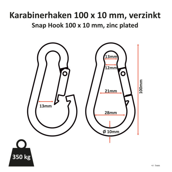 Karabinerhaken 100mm x 10mm | Der stabile Karabinerhaken 100mm x 10mm Stabiler, verchromter Karabinerhaken passend für alle Zughilfen und Griffe mit einer Öse.