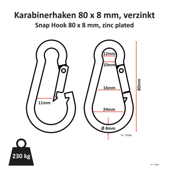 Karabinerhaken 80mm x 8mm | Der stabile Karabinerhaken 80mm x 8mm Stabiler, verchromter Karabinerhaken passend für alle Zughilfen und Griffe mit einer Öse.