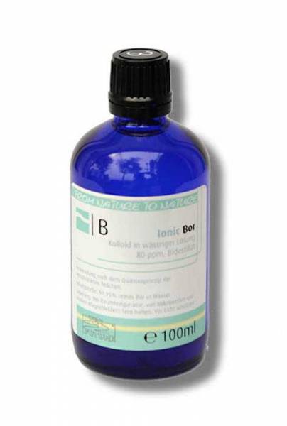 Kolloidales Bor | Kolloidales Bor mit Protonenresonanz Die 200ml-Flasche "Ionic Bor" hat eine Bor-Konzentration von 88ppm, die 100ml-Flasche 80ppm. ppm bedeutet parts per million = mg pro Liter. Die Flasche ist aus lichtchützendem Blauglas. Bitte bewahren Sie sie bei Zimmertemperatur möglichst dunkel auf, denn Licht schwächt auf Dauer die Wirkung. Von Elektrosmog und Magnetfeldern fernhalten. Unser Produkt enthält nur reine Borpartikel in doppelt destilliertem Wasser und ist frei von Zusatz- und Konservierungsstoffen. Es hat einen hohen Ionen-Anteil.