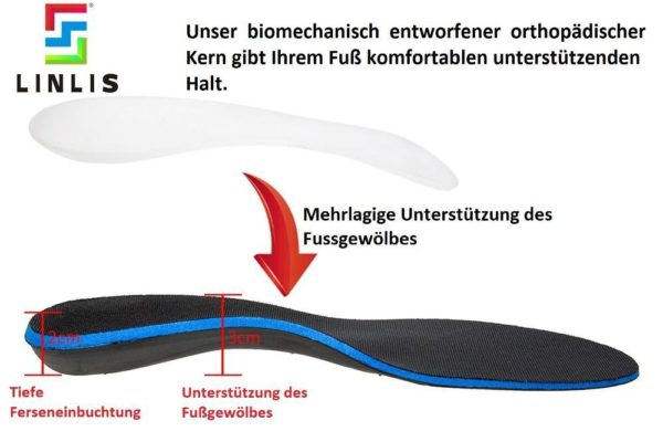 Orthopädische Schuheinlagen | LINLIS - Orthopädische Schuheinlagen von Podologen entworfen und empfohlen. Bis heute 100% Kundenzufriedenheit ! Bestes Preisleisungsverhältnis Orthopädische Einlegesohlen für Plattfüße und gegen Entzündung der Plantarfaszilitis (Plantar Fascia/Schmerzen an der Unterseite der Ferse) Fascilitis (Senkfussgewölbe Schmerzen) Fersensporn Einlage Schuheinlagen gegen Fußschmerzen Entlastung von Fersenschmerzen wegen hoher Absätze Flexible Abpolsterung Pronation (Einwärtsdrehung/Überdrehung) Männer Frauen und Kinder Einlagen von Linlis.