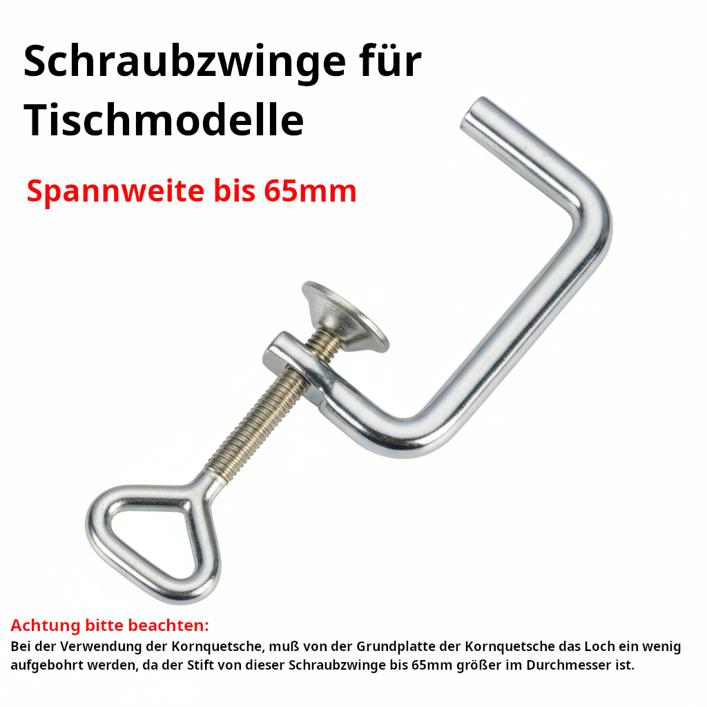 Schraubzwinge für Tischmodelle bis 65mm 2 Schraubzwinge für Tischmodelle bis 65mm | Eschenfelder Schraubzwinge für Tischmodelle bis 65mm Schraubzwinge aus Stahl für die Tischmodelle der Kornquetsche und die Malzquetsche, sowie Haferquetsche.