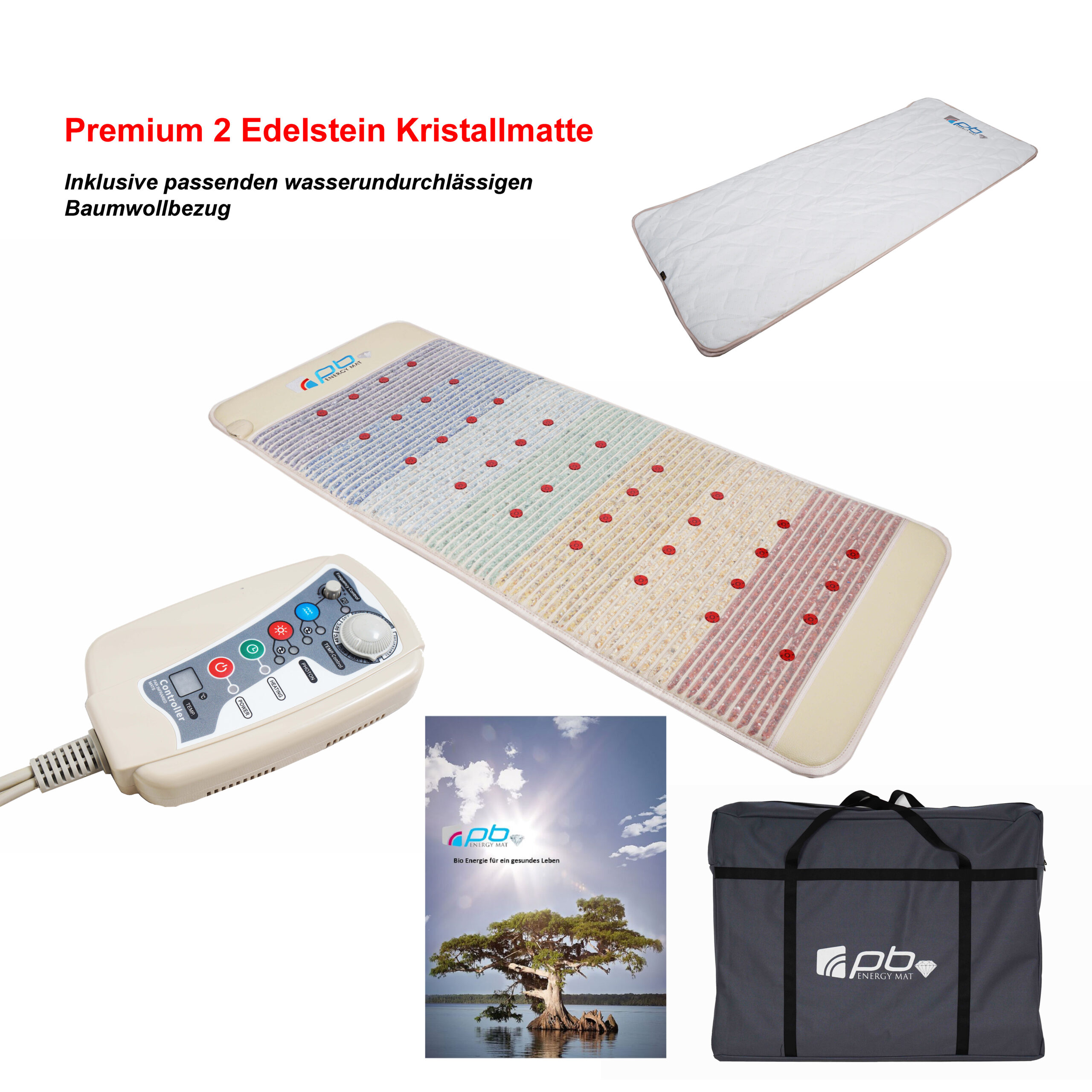 pb Energy Mat Kristallmatte Premium 2 | Kristallmatte Premium 2 von pb Energy Mat Aktionspreis Inklusive passenden wasserundurchlässigen Baumwollbezug Ausklappen - Anschalten - Regenerieren & Wohlfühlen. Egal ob Privathaushalt, Heilpraktiker, Arztpraxis oder Physiotherapie - die pb Energy Mat Kristallmatte Premium 2 wird in allen Bereichen eingesetzt. Sie lässt sich in sekundenschnelle auf dem Bett, Sofa, Boden oder der Behandlungsliege für die wohltuende Nutzung ausbreiten. Die pb Energy Mat Kristallmatte Premium 2 Edelsteinmatte enthält folgende Anwendungen: Infrarot-Tiefenwärme (FIR) Negativ Ionen Biophotonen-Licht Pulsierendes Magnetfeld Schumann-Resonanz Elektrosmog-Abschirmung 100% natürliche Edelsteine, natürliche heiße Natursteine Entspannung auf Knopfdruck Dank der automatisch ablaufenden Programme sind keinerlei Vorkenntnisse nötig. Alle Anwendungen sind individuell und unabhängig voneinander ganz nach Ihren Vorstellungen und Wünschen einstellbar.
