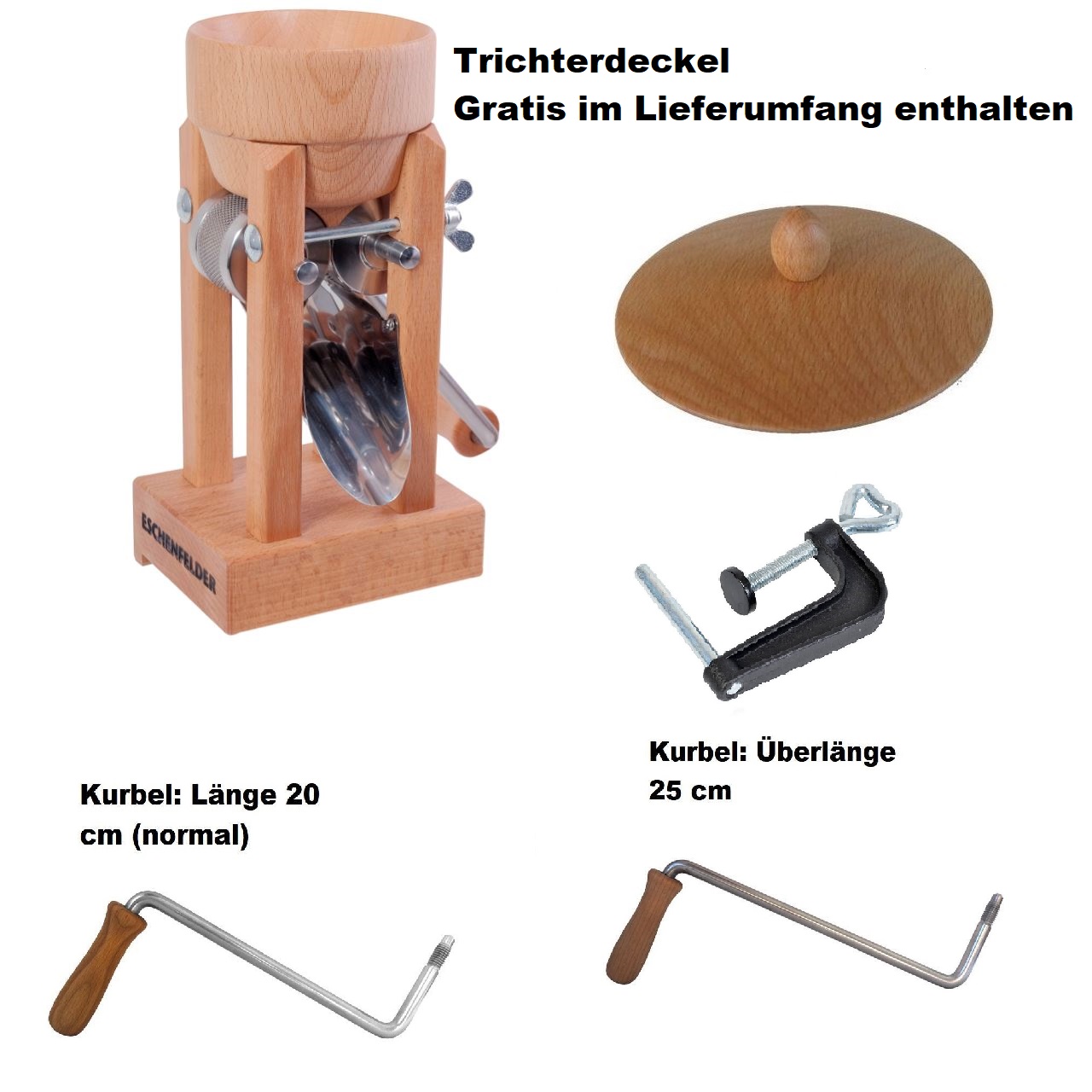 Kornquetsche Tischmodell Holztrichter mit Trichterdeckel | Original Eschenfelder Kornquetsche Tischmodell Holztrichter mit Trichterdeckel Buche massiv Mit abnehmbaren Holztrichter inklusive mit Trichterdeckel, Tisch-Schraubzwinge und Kurbel und Reinigungsbürste bei uns gratis dazu! Frisch gequetschtes Getreide enthält alle Vitalstoffe des vollen Korns und bildet so die Basis für eine gesunde, zeitgemäße Ernährung. Durch den Quetschvorgang wird das Korn sanft aufgeschlossen und die wertvollen Keimöle, Träger der Vitalstoffe und Enzyme, bleiben unverletzt. Leckereien auf Flockenbasis werden gründlicher gekaut als Mehlprodukte und regen die Darmperistaltik weit mehr an als gemahlenes Korn.