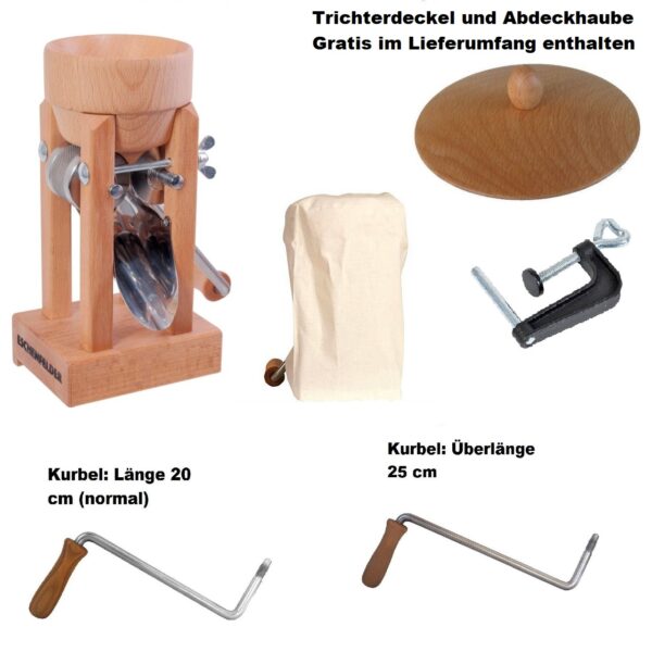 Kornquetsche Tischmodell Holztrichter mit Trichterdeckel und Abdeckhaube | Original Eschenfelder Kornquetsche Tischmodell Holztrichter mit Trichterdeckel und Abdeckhaube Buche massiv Mit abnehmbaren Holztrichter inklusive mit Trichterdeckel, Abdeckhaube, Tisch-Schraubzwinge und Kurbel und Reinigungsbürste bei uns gratis dazu! Frisch gequetschtes Getreide enthält alle Vitalstoffe des vollen Korns und bildet so die Basis für eine gesunde, zeitgemäße Ernährung. Durch den Quetschvorgang wird das Korn sanft aufgeschlossen und die wertvollen Keimöle, Träger der Vitalstoffe und Enzyme, bleiben unverletzt. Leckereien auf Flockenbasis werden gründlicher gekaut als Mehlprodukte und regen die Darmperistaltik weit mehr an als gemahlenes Korn.