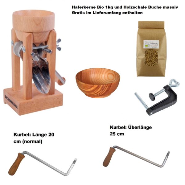 Kornquetsche Tischmodell Holztrichter mit Haferkerne Bio 1kg und Holzschale | Original Eschenfelder Kornquetsche Tischmodell Holztrichter mit Haferkerne Bio 1kg und Holzschale Buche massiv. Das Einsteigerset für den guten Start in den Morgen. Bereiten Sie selber frisch Schmackhafte selbsthergestellte Müslis her. Mit abnehmbaren Holztrichter inklusive mit Haferkerne Bio 1kg, Holzschale, Tisch-Schraubzwinge und Kurbel und Reinigungsbürste bei uns gratis dazu! Frisch gequetschtes Getreide enthält alle Vitalstoffe des vollen Korns und bildet so die Basis für eine gesunde, zeitgemäße Ernährung. Durch den Quetschvorgang wird das Korn sanft aufgeschlossen und die wertvollen Keimöle, Träger der Vitalstoffe und Enzyme, bleiben unverletzt. Leckereien auf Flockenbasis werden gründlicher gekaut als Mehlprodukte und regen die Darmperistaltik weit mehr an als gemahlenes Korn.