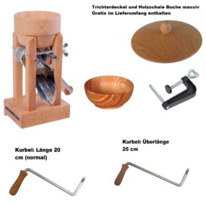 Kornquetsche Tischmodell Holztrichter mit Trichterdeckel und Holzschale