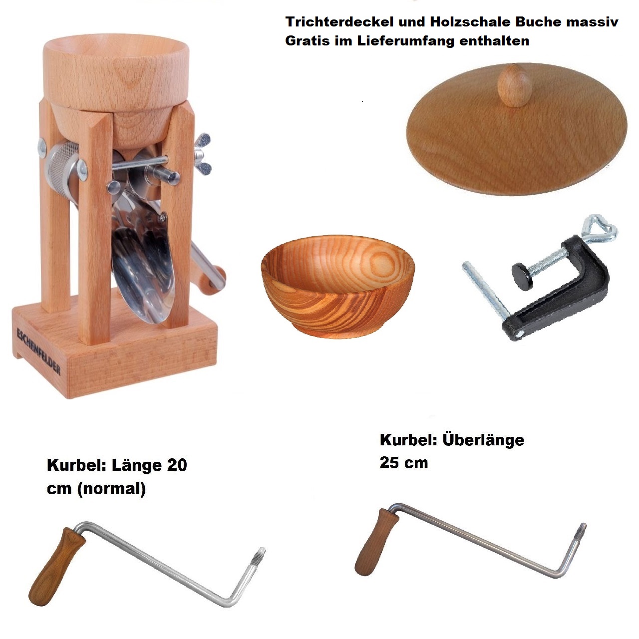 Kornquetsche Tischmodell Holztrichter mit Trichterdeckel und Holzschale | Original Eschenfelder Kornquetsche Tischmodell Holztrichter mit Trichterdeckel und Holzschale Buche massiv die ideale Müslischale für Schmackhafte selbsthergestellte Müslis. Mit abnehmbaren Holztrichter inklusive mit Trichterdeckel, Holzschale, Tisch-Schraubzwinge und Kurbel und Reinigungsbürste bei uns gratis dazu! Frisch gequetschtes Getreide enthält alle Vitalstoffe des vollen Korns und bildet so die Basis für eine gesunde, zeitgemäße Ernährung. Durch den Quetschvorgang wird das Korn sanft aufgeschlossen und die wertvollen Keimöle, Träger der Vitalstoffe und Enzyme, bleiben unverletzt. Leckereien auf Flockenbasis werden gründlicher gekaut als Mehlprodukte und regen die Darmperistaltik weit mehr an als gemahlenes Korn.