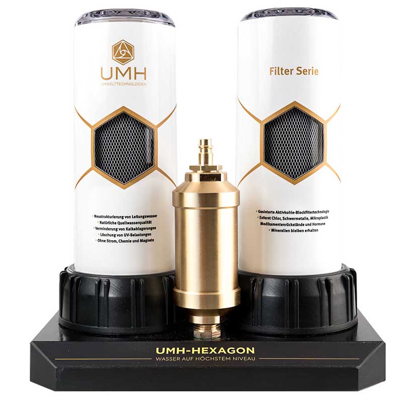 UMH Hexagon | UMH Hexagon Komplettsystem Wasser in Quellwasserqualität Wasserenergetisierung Viktor Schauberger Pyramidenenergie Edelsteine Dazu gratis Glasflasche Lara Ein Premium Aktivkohlefilter mit zusätzlicher Wasserenergetisierung. Das UMH Hexagon ist ideal geeignet für den Einbau unter der Küchenspüle und in wenigen Minuten installiert, dank einem "Plug and Play - System". Die Basis des UMH Hexagon Komplettsystem ist ein Carbonit Duo parallel + UMH Hexagon Energetisierung