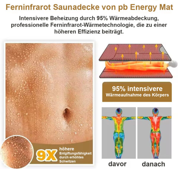 Premium Sauna Set | Premium Sauna Set von pb Energy Mat Wir präsentieren Ihnen unser neues Premium Sauna Set bestehend aus pb Energy Mat Premium Edelsteinmatte und pb Energy Mat Premium Amethyst Photon Ferninfrarot Saunadecke. Erleben Sie Infrarotsauna neu. Ausklappen – Anschalten – Regenerieren & Wohlfühlen mit dem Premium Sauna Set Die Premium Saunadecke bietet zusätzlich wohltuende Erholung durch Infrarot-Tiefenwärme und durch die integrierten Biophotonenpunkte werden Sie zusätzlich durch die positiven Eigenschaften der Biophotonen-Lichttherapie bereichert. Die Premium Saunadecke mit Amethyst Steinen kann zur Gewichtsreduktion und Entgiftung beitragen.