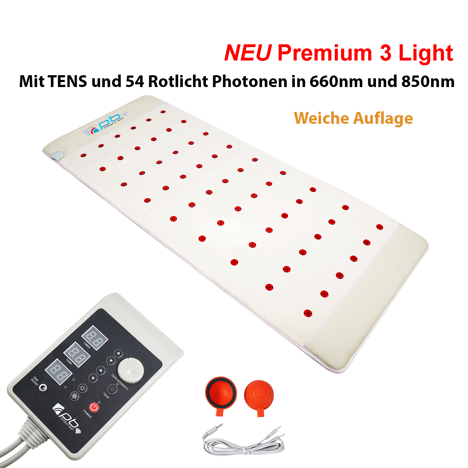 pb Energy Mat Kristallmatte Premium 3 Light | Kristallmatte Premium 3 Light von pb Energy Mat Mit TENS und 54 Rotlicht Photonen in 660nm und 850nm mit weicher Auflage Gewicht nur 8kg ideal auch auf Reisen Ausklappen - Anschalten - Regenerieren & Wohlfühlen. Egal ob Privathaushalt, Heilpraktiker, Arztpraxis oder Physiotherapie - die pb Energy Mat Kristallmatte Premium 3 Light wird in allen Bereichen eingesetzt. Sie lässt sich in sekundenschnelle auf dem Bett, Sofa, Boden oder der Behandlungsliege für die wohltuende Nutzung ausbreiten. Die pb Energy Mat Kristallmatte Premium 3 Light Edelsteinmatte enthält folgende Anwendungen: Infrarot-Tiefenwärme (FIR) Rotlicht Photonen in 660nm und Nahinfrarot (NIR) in 850nm Negativ Ionen Biophotonen-Licht Pulsierendes Magnetfeld Schumann-Resonanz Elektrosmog-Abschirmung TENS Anwendung Entspannung auf Knopfdruck Dank der automatisch ablaufenden Programme sind keinerlei Vorkenntnisse nötig. Alle Anwendungen sind individuell und unabhängig voneinander ganz nach Ihren Vorstellungen und Wünschen einstellbar.