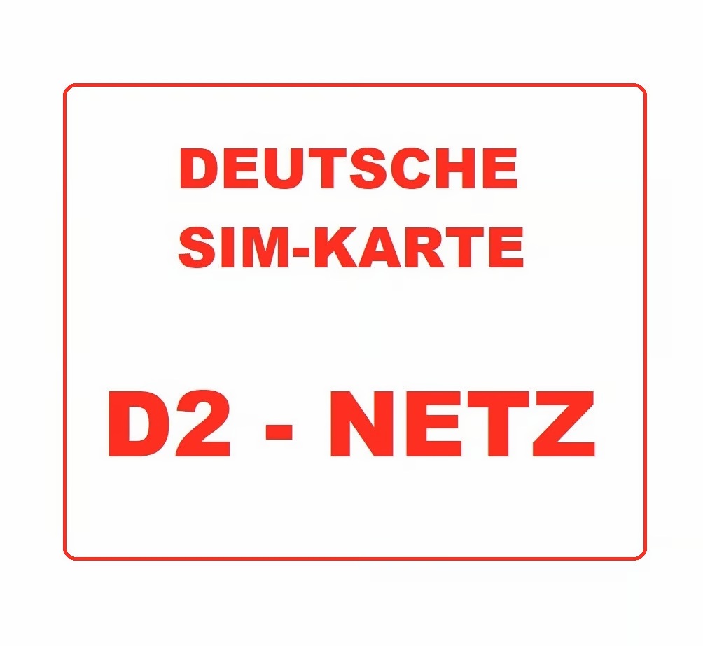 Sim-Karte D2 | Deutsche Sim-Karte D2 Netz Aktiviert Deutsche Nummer +49......... D2 NETZ Deutsche Prepaid Sim-Karte D2 Netz – Aktiviert & Startklar Entdecken Sie die Simkarte D2 – Ihre flexible und anonyme Lösung für Telefonie und Internet im zuverlässigen D2-Netz. Mit einer deutschen Rufnummer (+49) sind Sie sofort startklar, ohne Identifikation und ohne Vertrag! Ihre Vorteile mit der Sim-Karte mit D2 Netz Sofort einsatzbereit: Die Sim-Karte D2 ist aktiviert, registriert und bereit für Telefonie, SMS oder Internet mit bis zu 50 Mbit/s. 3-in-1-Format: Passt in jedes Gerät – Standard-SIM, Micro-SIM, Nano-SIM. Weltweite Nutzung: Die Simkarte D2 funktioniert global – ideal für Reisen. Keine Identifikation erforderlich: 100% anonym, keine persönlichen Daten nötig. Flexibler Tarif: 9 Cent pro Minute/SMS oder wechseln Sie jederzeit zu anderen Tarifen. Einfaches Aufladen: Guthaben bequem online oder per Cashcard (z. B. Tankstelle, Supermarkt) aufladen. Kein Vertrag: Volle Kostenkontrolle mit der Prepaid Simkarte D2.